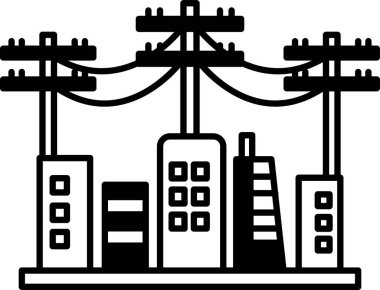 Yüksek binaları ve arka planında elektrik hattı olan bir şehir silueti. Sahne, güç ve enerji hissiyle kentsel ve endüstriyel.