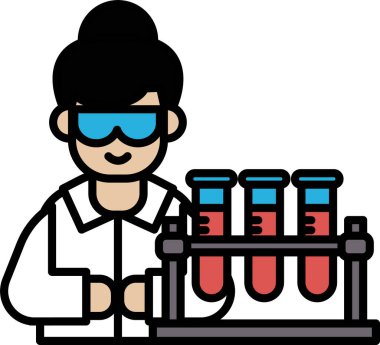 Laboratuvar önlüklü bir kadın mavi gözlük takıyor ve elinde üç test tüpü var. Tüpler kırmızı sıvıyla dolu. Bilimsel merak ve deney kavramı