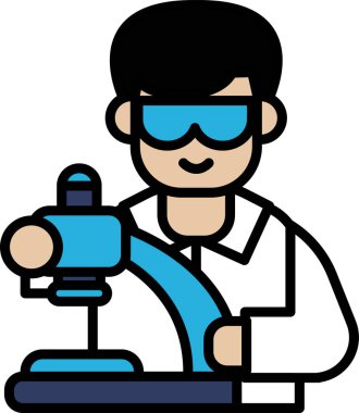 Laboratuvar önlüklü bir adam mavi gözlük takıyor ve elinde mikroskop tutuyor. Gülümsüyor ve işinden zevk alıyor.