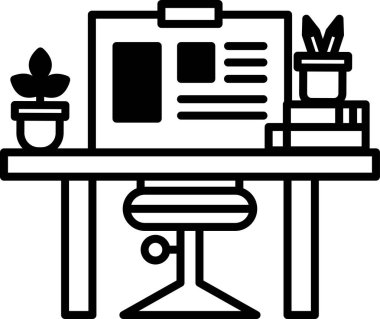 Bilgisayar monitörlü bir masa, bir sandalye ve saksı bitkisi. Masa kitaplar ve vazoyla dolu. Verimlilik ve organizasyon kavramı