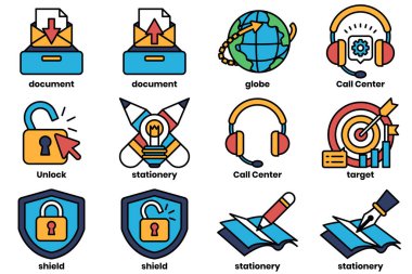 Ofis öğeleri ve işle ilgili konular kavramında bir dizi çizim.