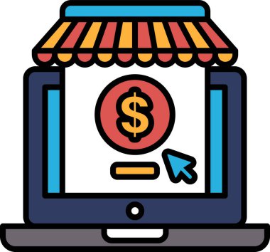 Bir dolar işareti ve alışveriş arabası simgesi olan bir dizüstü bilgisayar ekranı.