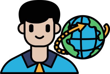 Bir adam gülümsüyor ve bir kürenin yanında duruyor. Küre farklı yerleri gösteren oklarla çevrilidir. Macera ve keşif kavramı. Çünkü adam yeni hedeflere gitmeye hazır.