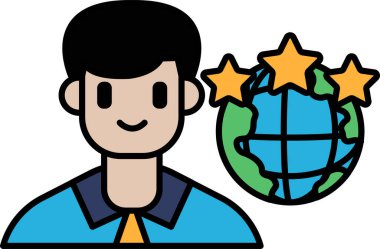 Bir adam gülümsüyor ve üç yıldızlı bir kürenin önünde duruyor. Başarı ve başarı kavramı, insanın mükemmellik ve takdir sembolleri ile çevrili olduğu gibi.