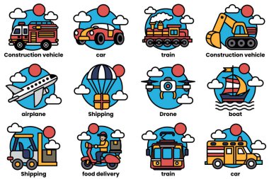 Arabalar, kamyonlar, trenler ve tekneler de dahil olmak üzere mavi ve kırmızı ikonlar koleksiyonu.