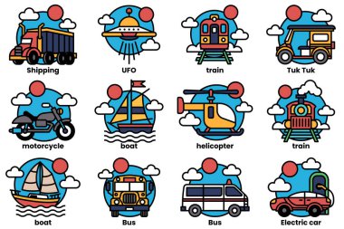 Arabalar, otobüsler, trenler ve tekneler de dahil olmak üzere 12 farklı araçtan oluşan bir set mavi ve beyaz renkte gösteriliyor. Araçlar, her biri farklı alanlarda olmak üzere, bir ızgara içinde dizilmiştir.