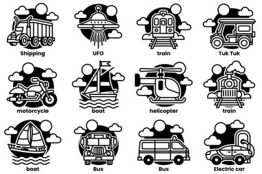 Arabalar, otobüsler, trenler ve tekneler de dahil olmak üzere 12 farklı araçtan oluşan bir set mavi ve beyaz renkte gösteriliyor. Araçlar, her biri farklı alanlarda olmak üzere, bir ızgara içinde dizilmiştir.