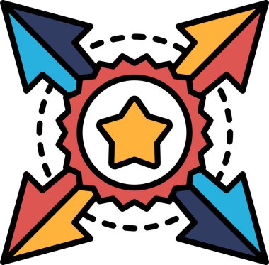 Onu gösteren dört oklu bir yıldız. Oklar farklı renk ve boyutlarda. Yıldız bir çemberle çevrilidir.