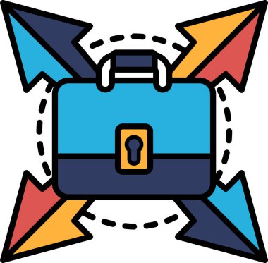 Anahtar deliği ve kilidi olan mavi bir çanta. Çanta farklı yönleri gösteren oklarla çevrili. Bir yolculuk ya da yol kavramı doğrusal değil, daha çok bir dizi bükülme