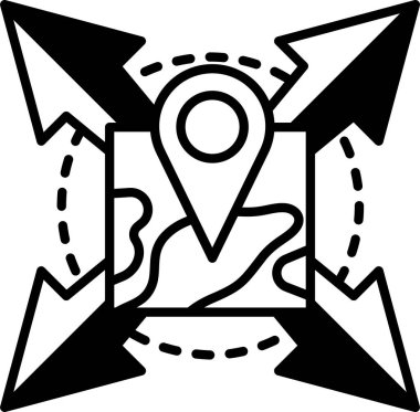 Ortasında siyah-beyaz bir nokta ve farklı yönleri gösteren oklar olan bir harita. Harita renkli ve eğlenceli, tuhaf bir havası var.