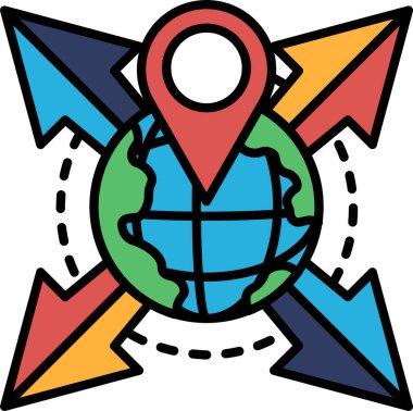 Üzerinde kırmızı bir nokta ve farklı yönleri gösteren oklar olan renkli bir dünya çizimi. Küresel ağ kavramı veya karşılıklı bağlantı