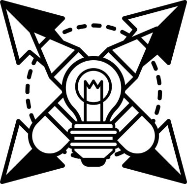 Üzerinde oklar olan bir ampulün siyah beyaz çizimi. Çizim, yenilik ve yaratıcılık fikrini aktarıyor.