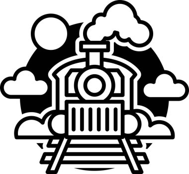 Bir tren, bir motor ve bir vagonla gösterilir. Tren bir raydadır ve bulutlarla çevrilidir. Tren bir tünelden geçiyor.