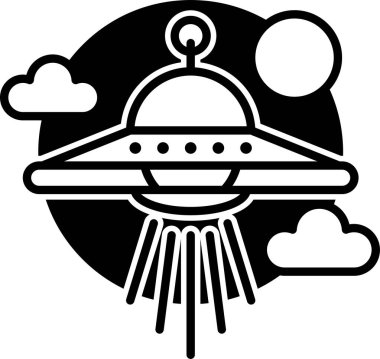 Arka planda kırmızı bir güneş ile gökyüzünde uçan bir uzay gemisinin karikatür çizimi. Uzay gemisi sarı ve turuncu renktedir ve üzerinde kırmızı ve mavi bir roket vardır. Gökyüzü beyaz bulutlarla mavidir