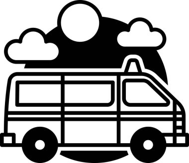 Mavi gökyüzünün önüne siyah beyaz çizgili beyaz bir ambulans park etti. Güneş ışıl ışıl parlıyor ve gökyüzünde bulutlar var. Acil durum ve umut kavramı