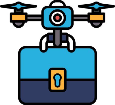 Üzerinde insansız hava aracı olan mavi bir çanta. Kamera bir drone.