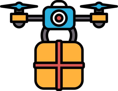 Bir dron bir kutu taşıyor. İHA mavi ve sarıdır. Kutu turuncu. İHA havada uçuyor.