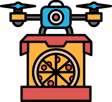 Bir İHA pizza kutusunun üzerinde uçuyor. İHA mavi ve sarı