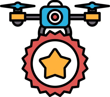 Üzerinde kırmızı yıldız olan bir dron. İHA mavi ve sarı