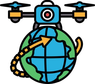 Üzerinde insansız hava aracı olan bir kürenin mavi ve yeşil çizimi. Kamera dünyanın tabanını gösteriyor.