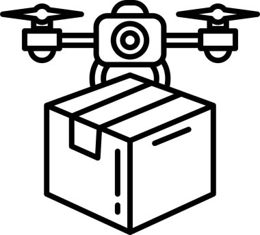 Bir dron bir kutunun üzerinde süzülüyor. İnsansız hava aracı siyah ve beyaz. Kutu turuncu.