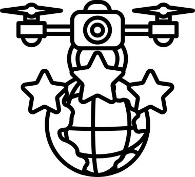 Üzerinde yıldızlar ve insansız hava aracı olan siyah beyaz bir küre. Keşif ve macera kavramı