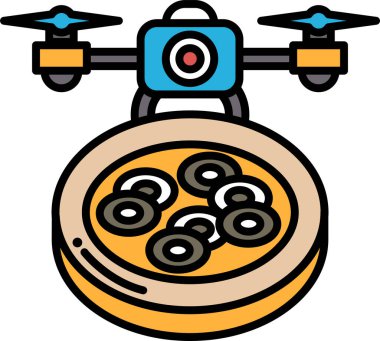 Bir İHA bir tabak yemeğin üzerinde uçuyor. İHA mavi ve sarıdır. Yemek tabağı yuvarlak ve üzerinde bir sürü yiyecek var.