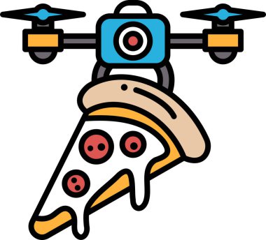 Arkasında insansız hava aracı olan bir pizza karikatürü. Drone bir kamera tutuyor ve pizzanın üzerinde uçuyor. Çizimin neşeli ve eğlenceli bir havası var, pizzayla birlikte.