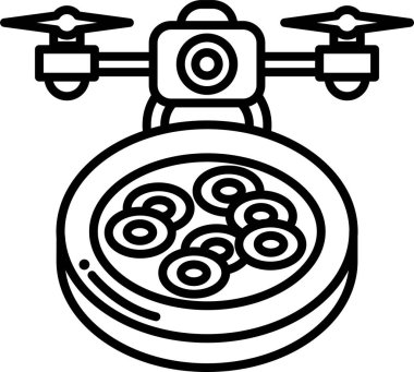 Bir İHA bir tabak yemeğin üzerinde uçuyor. İHA mavi ve sarıdır. Yemek tabağı yuvarlak ve üzerinde bir sürü yiyecek var.