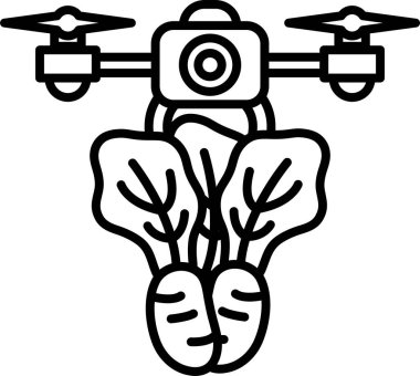 Üzerinde kamera olan bir dron bir demet yeşil sebzenin üzerinde uçuyor. İnsansız hava aracı sebzelerin görüntülerini yakalamak için tasarlandı. Bu görüntüler pazarlama ya da tanıtım amaçlı kullanılabilir.