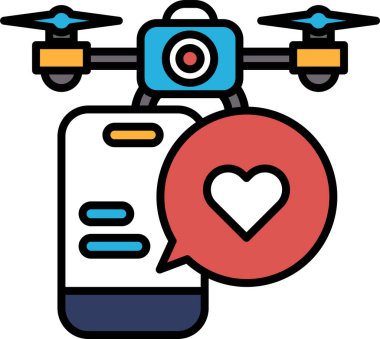 Üzerinde kalp olan bir cep telefonunun etrafında bir dron geziniyor. Drone bir kamera ile donatılmıştır ve fotoğraf çekmeye hazırdır. Kalp aşkı ve sevgiyi sembolize eder.