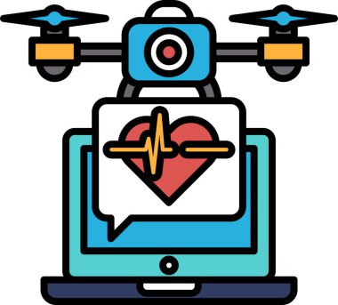 Bir İHA, üzerinde kalp olan bir dizüstü bilgisayarın üzerinde geziniyor. Kalp kırmızı bir çizgiyle çevrilidir ve dron kalbin üzerinde konumlanmıştır. Teknoloji ve yenilik kavramı