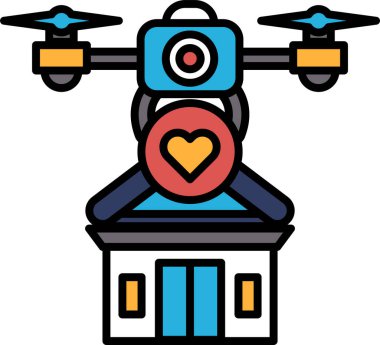 Bir dron üzerinde kalp olan bir binanın üzerinde uçuyor. İHA mavi ve sarı
