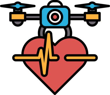 Üstünde insansız hava aracı olan bir kalp. İHA mavi ve sarıdır. Kalp kırmızıdır.