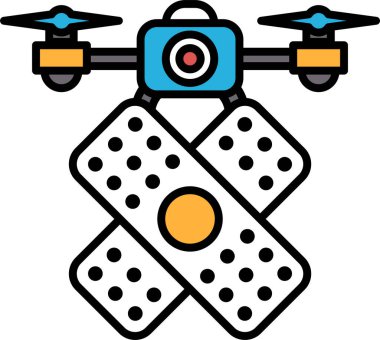 Üzerinde kamera olan mavi ve sarı bir drone. Drone bir kutu bandaj tutuyor.