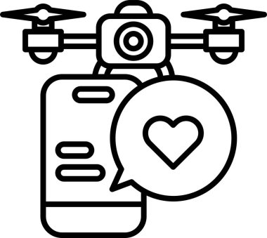 Üzerinde kalp olan bir cep telefonunun etrafında bir dron geziniyor. Drone bir kamera ile donatılmıştır ve fotoğraf çekmeye hazırdır. Kalp aşkı ve sevgiyi sembolize eder.