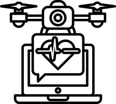 Bir İHA, üzerinde kalp olan bir dizüstü bilgisayarın üzerinde geziniyor. Kalp kırmızı bir çizgiyle çevrilidir ve dron kalbin üzerinde konumlanmıştır. Teknoloji ve yenilik kavramı