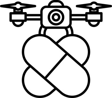 Üstünde dron olan siyah beyaz bir hap. Drone, ilaç ya da sağlık fikrini temsil edebilecek hapı elinde tutuyor. Görüntünün neşeli ve tuhaf bir havası var.