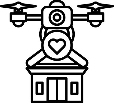 Bir dron üzerinde kalp olan bir binanın üzerinde uçuyor. İHA mavi ve sarı