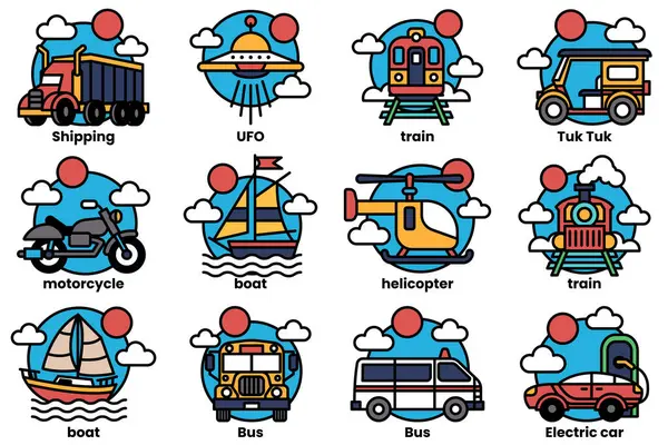 Arabalar, otobüsler, trenler ve tekneler de dahil olmak üzere 12 farklı araçtan oluşan bir set mavi ve beyaz renkte gösteriliyor. Araçlar, her biri farklı alanlarda olmak üzere, bir ızgara içinde dizilmiştir.