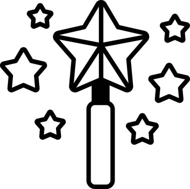 Üzerinde bir yıldız olan ve etrafında bir sürü yıldız olan bir değnek. Sihir ve merak izlenimi veren asalar yıldızlarla çevrilidir.