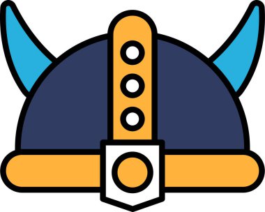 A cartoonish Viking helmet with blue and yellow horn. The helmet is drawn in a stylized way, with the horns and other details emphasized. Scene is playful and whimsical clipart