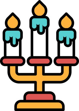 A candle holder with three candles in it. The candles are lit and have melted wax on them. The holder is yellow and red clipart