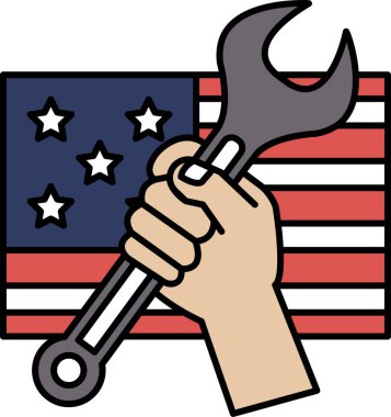 Amerikan bayrağının önünde İngiliz anahtarını tutan bir el. Güç ve kararlılık kavramı