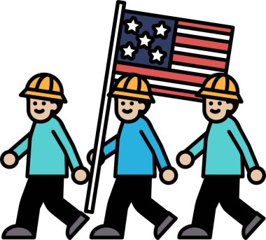 Üç adam birlikte yürüyor, biri bayrak tutuyor. Adamlar sert kasklar takıyor, bu da tehlikeli bir ortamda inşaat işçisi ya da işçi olabileceklerini gösteriyor.
