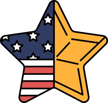 Ortasında Amerikan bayrağı olan bir yıldız. Yıldız sarı ve turuncudur. Bayrak kırmızı, beyaz ve mavi.