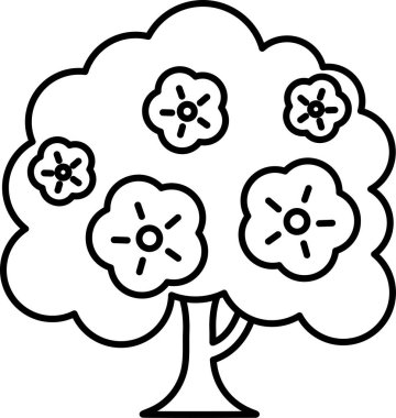 Beyaz ve siyah çiçekli bir ağaç çizgi film tarzında çizilir.
