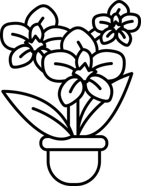 İçinde üç beyaz çiçek olan bir saksı karikatürü. Çiçekler stil olarak çizilmiş, yapraklar ve yapraklar aynı şekilde çizilmiş. Tencere kırmızı.