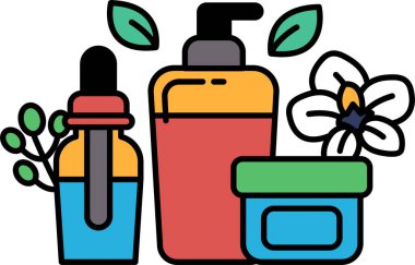 Bir şişe losyon, bir şişe parfüm ve bir şişe yağ da dahil olmak üzere güzellik malzemeleri koleksiyonu.