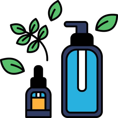 Üzerinde yaprak olan bir şişe mavi sıvı ve üzerinde yaprak olan bir şişe temiz sıvı.